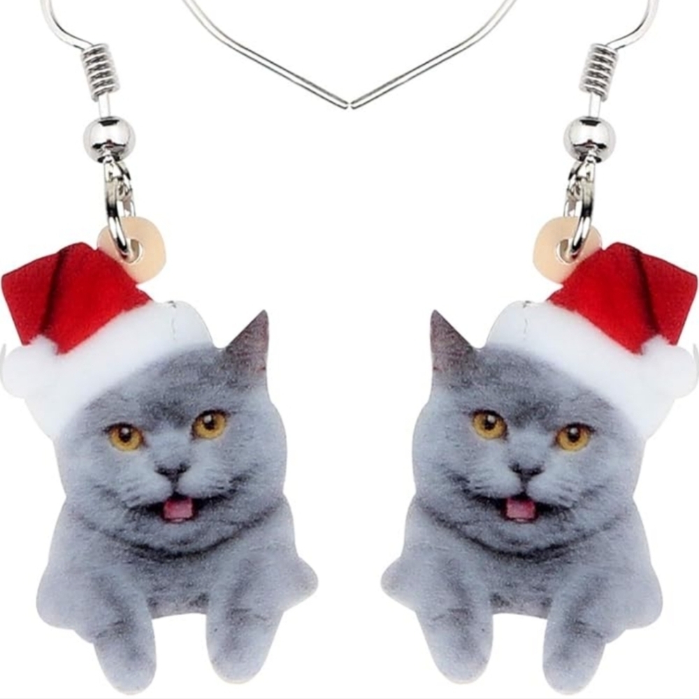 Women's jewelry festive holiday gray cat smiling in Santa hat dangle earrings